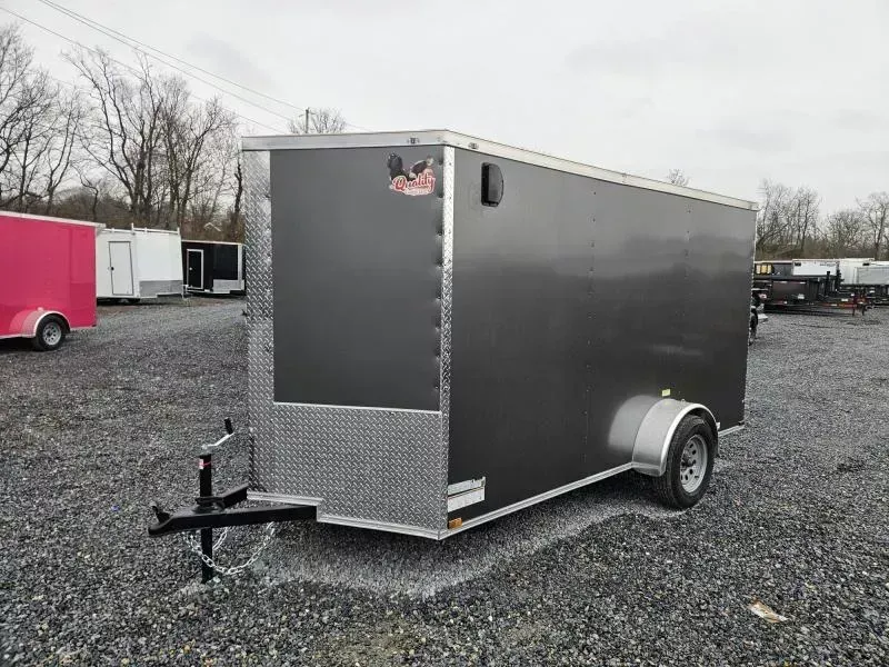 2026 Quality Cargo 6x10 Single Axle Enclosed Cargo Trailer 2990# GVW * CHARCOAL .080 POLYCOR EXTERIOR * 6'9 CEILING HEIGHT * SEMI-SCREWLESS * PLYWOOD WALLS AND FLOOR * RV DOOR * 16" O.C. * TUBE STUDS * RAMP DOOR * V-NOSE
