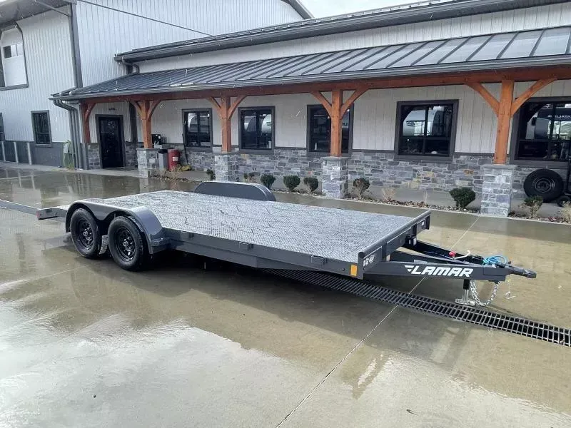 2026 Lamar 7x20 7000# Wood Deck Car Hauler Trailer * 11GA STEEL DECK * REMOVABLE FENDERS * EXTRA STAKE POCKETS * CHARCOAL * 5" CHANNEL FRAME * COLD WEATHER HARNESS * REAR RAMPS
