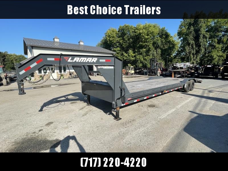 USED 2021 Lamar 102x32' Gooseneck Car Hauler Trailer 14000# GVW * 102" DECK * DRIVE OVER FENDERS * OVERLENGTH 7' SLIDE IN RAMPS * 4' DOVETAIL * RUBRAIL * SWIVEL JACKS * UNDER FRAME BRIDGE * DUAL JACKS * FULL TOOLBOX * CHARCOAL W/ BLACK WHEELS USED 2021 Lamar 102x32' Gooseneck Car Hauler Trailer 14000# GVW * 102" DECK * DRIVE OVER FENDERS * OVERLENGTH 7' SLIDE IN RAMPS * 4' DOVETAIL * RUBRAIL * SWIVEL JACKS * UNDER FRAME BRIDGE * DUAL JACKS * FULL TOOLBOX * CHARCOAL W/ BLACK WHEELS