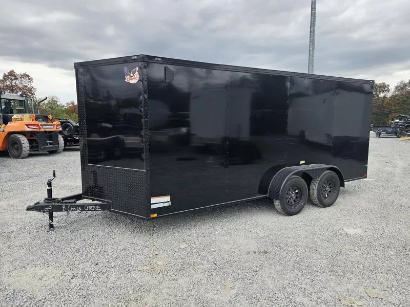 2026 Quality 7x16' Tandem Axle Enclosed Cargo Trailer 7000# GVW * BLACK EXTERIOR * BLACKOUT PKG * .080 POLYCOR * RAMP DOOR * PLYWOOD WALLS & FLOORS * TUBE WALL AND CEILING STUDS * LED LIGHTS * 16" O.C. WALL AND FLOORS * RV DOOR * V-NOSE