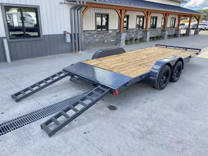 2025 Lamar 7x16 7000# Wood Deck Car Hauler Trailer * CHARCOAL * REMOVABLE FENDERS * EXTRA STAKE POCKETS * 5" CHANNEL FRAME * COLD WEATHER HARNESS * REAR RAMPS  0PnQy8t49ysj