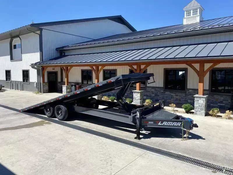 2026 Lamar 102x24' Deckover Power Tilt Trailer 14000# GVW * SCISSOR HOIST UPGRADE * SPARE TIRE * LARGE FRONT TOOLBOX * CHARCOAL POWDERCOAT * 10" I-BEAM FRAME+NECK * 6" CHANNEL BED RUNNER * WINCH PLATE * DUAL JACKS