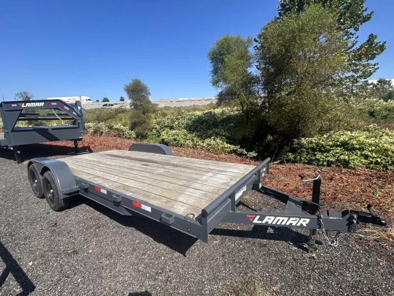 USED LAMAR 7x18 7000# Wood Deck Car Hauler Trailer * CHARCOAL * REMOVABLE FENDERS * EXTRA STAKE POCKETS * 5" CHANNEL FRAME * COLD WEATHER HARNESS * REAR RAMPS