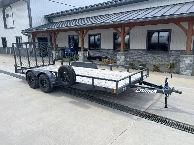 USED Lamar 7x18' Deluxe Utility Landscape Trailer 7000# GVW * 4" CHANNEL FRAME/TONGUE * CHARCOAL * HD GATE/2X2" TUBE C/M + SPRING ASSIST * COLD WEATHER HARNESS * STAKE POCKETS * TEARDROP FENDERS * BULLET LEDS * CLEARANCE