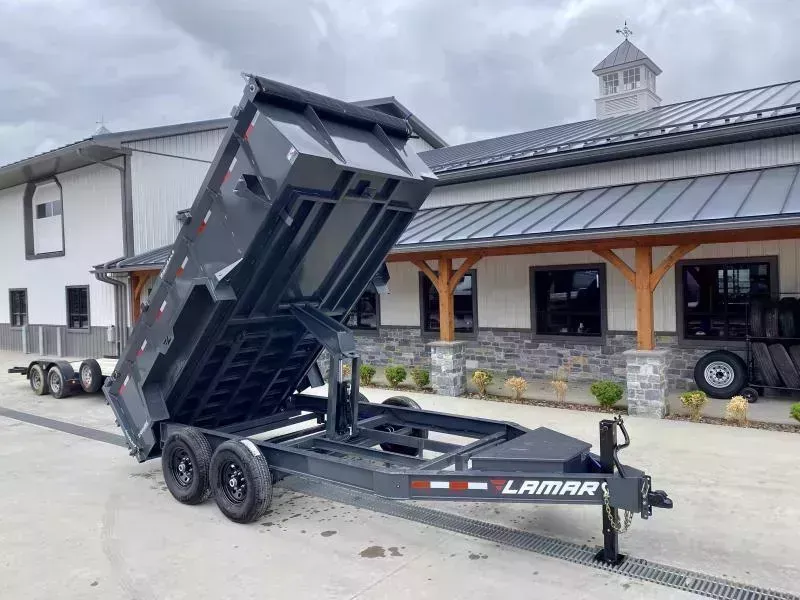 2026 Lamar 7x14' High Side Dump Trailer 14000# GVW * 3' HIGH SIDES * 7GA FLOOR * TARP KIT * UNDERMOUNT RAMPS * SCISSOR HOIST * 12K JACK * CHARCOAL * RIGID RAILS * HD COUPLER * I-BEAM FRAME * COMBO GATE * 12" O.C. C/M