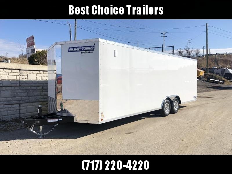 2021 Sure-Trac 8.5x20' Pro Series Enclosed Car Hauler Trailer 9900# GVW * TORSION AXLES * BACKUP LIGHTS * WHITE EXTERIOR * V-NOSE * RAMP * 5200# AXLES * .030 SCREWLESS EXTERIOR * ALUMINUM WHEELS * 1 PC ROOF * 6" FRAME * 16" O.C. C/M * PLYWOOD * TUBE STUDS 2021 Sure-Trac 8.5x20' Pro Series Enclosed Car Hauler Trailer 9900# GVW * TORSION AXLES * BACKUP LIGHTS * WHITE EXTERIOR * V-NOSE * RAMP * 5200# AXLES * .030 SCREWLESS EXTERIOR * ALUMINUM WHEELS * 1 PC ROOF * 6" FRAME * 16" O.C. C/M * PLYWOOD * TUBE STUDS