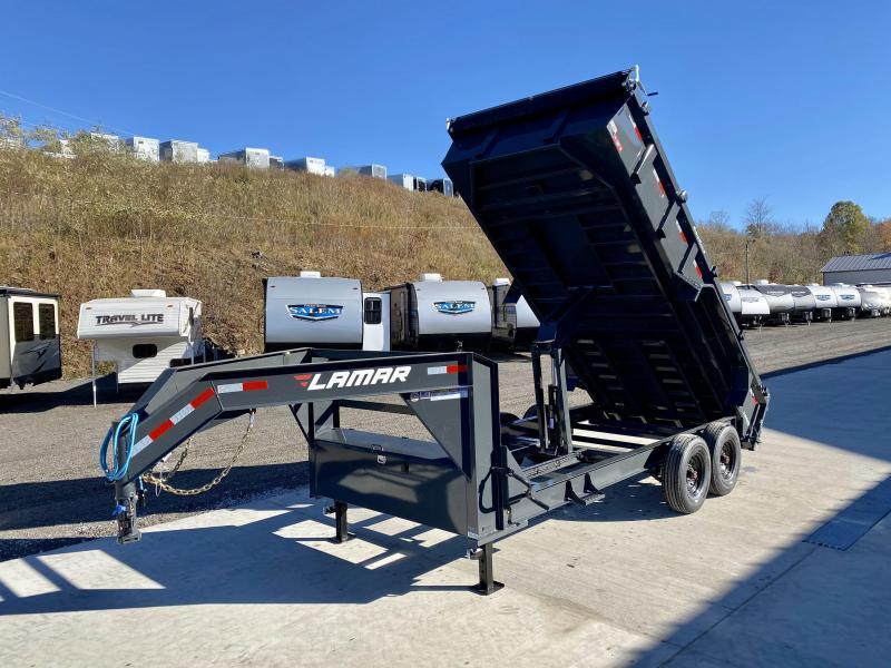 2021 Lamar 7x16' Gooseneck Dump Trailer 14000# GVW * DUAL JACKS * FULL TOOLBOX * OIL BATH * REAR JACKSTANDS * 7GA FLOOR * 14-PLY TIRES * TARP KIT * SCISSOR HOIST * CHARCOAL * RIGID RAILS * NESTLED I-BEAM FRAME 28" H * 3-WAY GATE * 12" O.C. C/M 2021 Lamar 7x16' Gooseneck Dump Trailer 14000# GVW * DUAL JACKS * FULL TOOLBOX * OIL BATH * REAR JACKSTANDS * 7GA FLOOR * 14-PLY TIRES * TARP KIT * SCISSOR HOIST * CHARCOAL * RIGID RAILS * NESTLED I-BEAM FRAME 28" H * 3-WAY GATE * 12" O.C. C/M