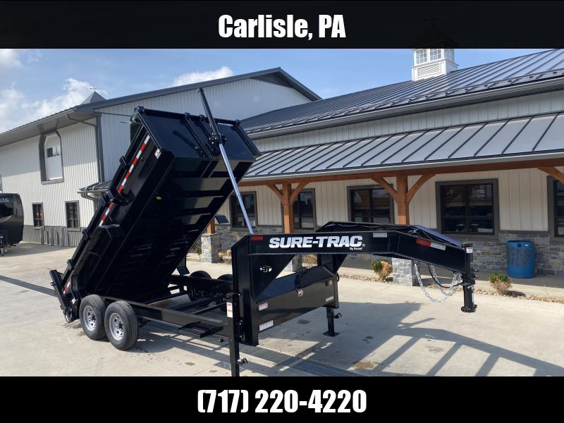 NEW Sure-Trac 7x14' Gooseneck Pro Series I-Beam Dump Trailer 17600# GVW * DUAL HYDRAULIC JACKS * 8000# AXLES * 17.5" 16-PLY RUBBER * TELESCOPIC HOIST * FRONT/REAR BULKHEAD * INTEGRATED KEYWAY * GOOSENECK COUPLER * UNDERMOUNT RAMPS * 7 GA FLOOR 1750184053
