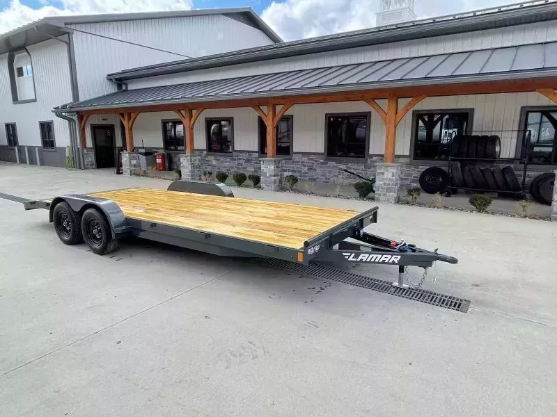 2026 Lamar 7x22 7000# Wood Deck Car Hauler Trailer * CHARCOAL * REMOVABLE FENDERS * EXTRA STAKE POCKETS * 5" CHANNEL FRAME * COLD WEATHER HARNESS * REAR RAMPS