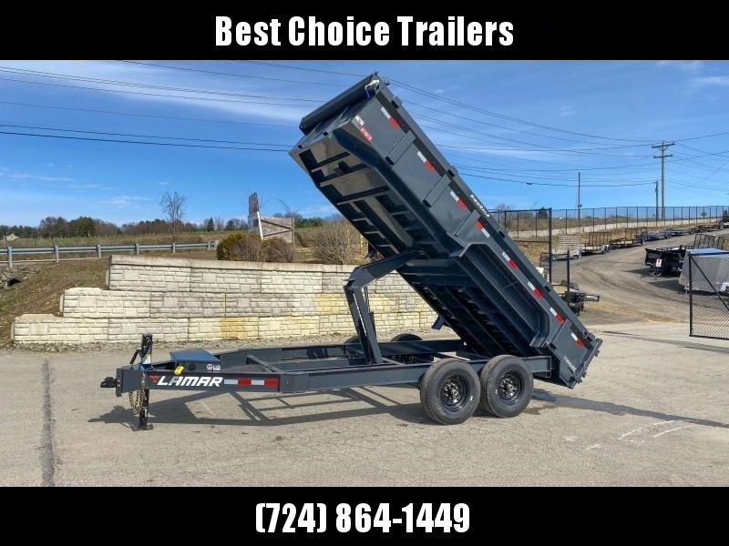 2021 Lamar 7x16' Dump Trailer 14000# GVW * 7GA FLOOR * 14-PLY TIRES * TARP KIT * UNDERMOUNT RAMPS * SCISSOR HOIST * 12K JACK * CHARCOAL * RIGID RAILS * HD COUPLER * NESTLED I-BEAM FRAME 28" H * 3-WAY GATE * 12" O.C. C/M 2021 Lamar 7x16' Dump Trailer 14000# GVW * 7GA FLOOR * 14-PLY TIRES * TARP KIT * UNDERMOUNT RAMPS * SCISSOR HOIST * 12K JACK * CHARCOAL * RIGID RAILS * HD COUPLER * NESTLED I-BEAM FRAME 28" H * 3-WAY GATE * 12" O.C. C/M