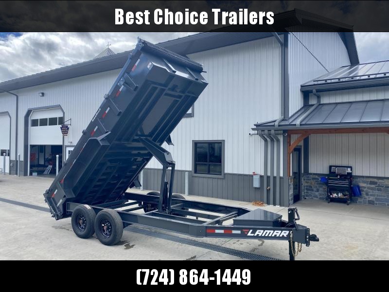 2022 Lamar 7x16' Dump Trailer 14000# GVW * OIL BATH HUBS * REAR JACKSTANDS * 14-PLY TIRES * 12" O.C. C/M * 7GA FLOOR * TARP KIT * SCISSOR HOIST * 12K JACK * CHARCOAL * RIGID RAILS * HD COUPLER * NESTLED I-BEAM FRAME 28" H * 3-WAY GATE 2022 Lamar 7x16' Dump Trailer 14000# GVW * OIL BATH HUBS * REAR JACKSTANDS * 14-PLY TIRES * 12" O.C. C/M * 7GA FLOOR * TARP KIT * SCISSOR HOIST * 12K JACK * CHARCOAL * RIGID RAILS * HD COUPLER * NESTLED I-BEAM FRAME 28" H * 3-WAY GATE