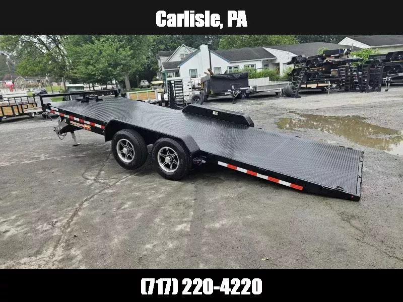 H&H 7x20' Steel Deck Power Tilt Car Hauler Trailer 9990# GVW * POWER TILT * STEEL TREADPLATE FLOOR * D/S TOOLBOX * 6" FRAME * DROP JACK * INTEGRATED TAIL LIGHTS * CHANNEL C/M