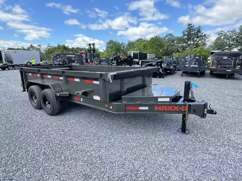 2026 MAXXD 7x14' DJX Dump Trailer 14000# GVW * DEXTER'S * OVERSIZE 6X20 SCISSOR * 8"/15# I-BEAM FRAME * 2PC 10GA WALLS & FLOOR * 12" O.C. CROSSMEMBERS * WIRELESS REMOTE * COMBO GATE * WET BLACK + PRIMER * HD TOP RAIL * DELUXE TARP * JACKSTANDS