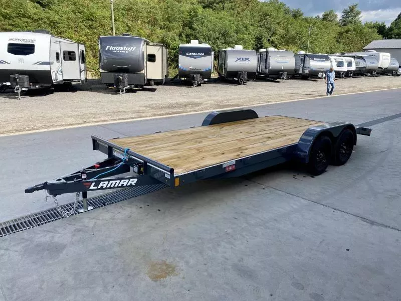 2025 Lamar 7x16 7000# Wood Deck Car Hauler Trailer * CHARCOAL * REMOVABLE FENDERS * EXTRA STAKE POCKETS * 5" CHANNEL FRAME * COLD WEATHER HARNESS * REAR RAMPS  X8uFXcyo95a9