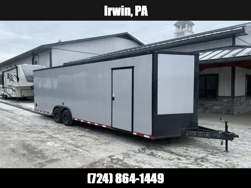 2026 Quality 8.5x26' Enclosed Car Hauler Trailer 9990# GVW * SILVER BLACKOUT * 7'6" HEIGHT * .080 POLYCOR EXTERIOR * SEMI-SCREWLESS * HD RAMP DOOR * PLYWOOD WALLS & FLOORS * TUBE WALL AND CEILING STUDS * LED LIGHTS * 16" O.C. WALL & FLOORS * RV DOOR 1775337151