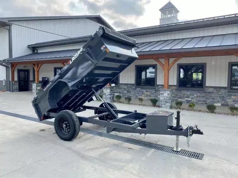 2026 Lamar 5x10' Single Axle Dump Trailer 7000# GVW * BARN DOOR GATE * DELUXE TARP * UNDERMOUNT RAMPS * ADJUSTABLE COUPLER * DROP LEG JACK * RIGID RAILS * 110V CHARGER * 5" CHANNEL FRAME * 10GA FLOOR * POWER UP/DOWN * 16" TIRES * 7K AXLES
