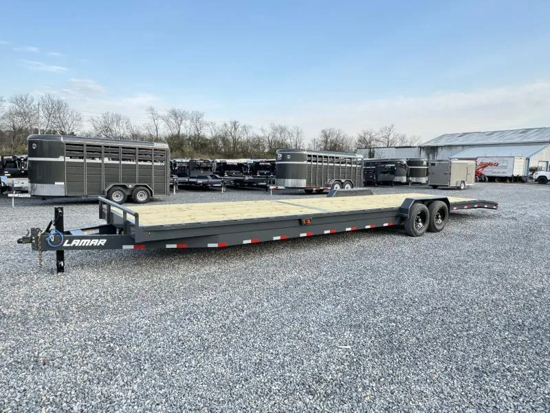 2026 Lamar 7x36' 2-Car Hauler Trailer 14000# GVW * OVERLENGTH 7' SLIDE IN RAMPS * 4' DOVETAIL * RUBRAIL * SWIVEL JACKS * UNDER FRAME BRIDGE * 12K JACK * CHARCOAL W/ BLACK WHEELS * IDEAL 2-CAR OR 3-BUGGY HAULER