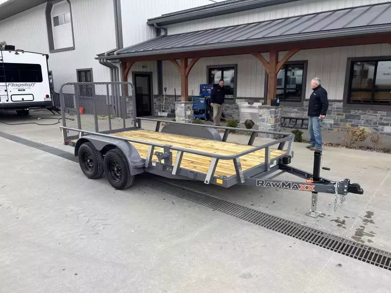 2026 RawMaxx 77x14' Tandem Axle Utility Landscape Trailer 7000# GVW * 4" CHANNEL TONGUE & FRAME * 16" O.C. 3" CHANNEL CROSSMEMBERS * DEXTER AXLES * ADJUSTABLE COUPLER * DROP LEG JACK * PIPE TOP RAIL * 4 D-RINGS * 8-PLY TIRES