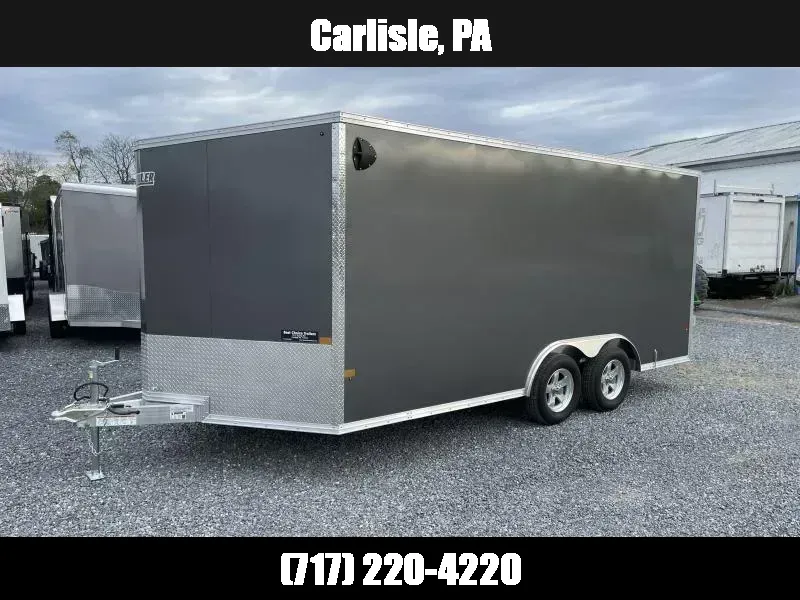 2026 E-Z Hauler 8.5x24' Aluminum Enclosed Car Hauler 9990# GVW * SILVER .080 POLYCOR EXTERIOR * ALUMINUM WHEELS * ALUMINUM FRAME * 16" O/C * SCREWLESS * ONE PC ROOF * 4 D-RINGS * BEAVERTAIL 1776107660