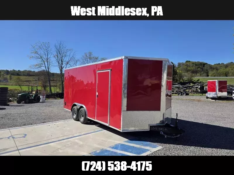 2025 Quality 8.5x18' Enclosed Car Hauler Trailer 9990# GVW * RED EXTERIOR * HD RAMP DOOR * PLYWOOD WALLS & FLOORS * TUBE WALL AND CEILING STUDS * LED LIGHTS * 16" O.C. WALL AND FLOORS * RV DOOR * V-NOSE 1762980054