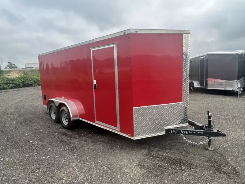 2025 Quality 7x16' Tandem Axle Enclosed Cargo Trailer 7000# GVW * RED EXTERIOR * BARN DOOR * PLYWOOD WALLS & FLOORS * TUBE WALL AND CEILING STUDS * LED LIGHTS * 16" O.C. WALL AND FLOORS * RV DOOR * V-NOSE
