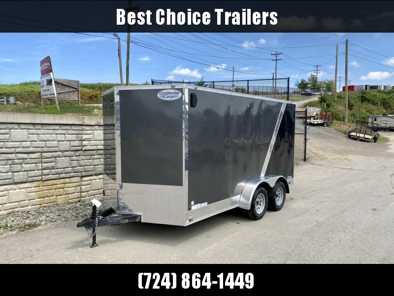 USED 2019 Continental Cargo 7x14' Enclosed Cargo Trailer 7000# GVW * SILVER + BLACK * RAMP DOOR * V-NOSE * SEMI-SCREWLESS * 6'6" HEIGHT * E-TRACK * PLYWOOD USED 2019 Continental Cargo 7x14' Enclosed Cargo Trailer 7000# GVW * SILVER + BLACK * RAMP DOOR * V-NOSE * SEMI-SCREWLESS * 6'6" HEIGHT * E-TRACK * PLYWOOD