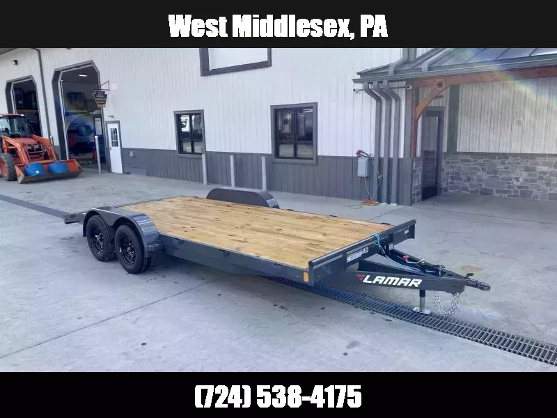 2026 Lamar 7x18 7000# Wood Deck Car Hauler Trailer * CHARCOAL * REMOVABLE FENDERS * EXTRA STAKE POCKETS * 5" CHANNEL FRAME * COLD WEATHER HARNESS * REAR RAMPS  1765474897