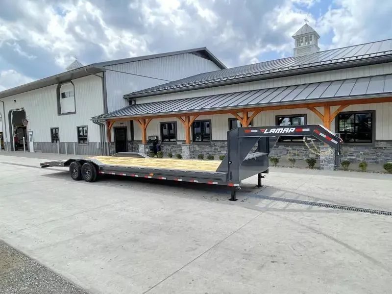 2026 Lamar 102x24' Gooseneck Car Hauler Trailer 14000# GVW * 102" DECK * DRIVE OVER FENDERS * OVERLENGTH 7' SLIDE IN RAMPS * 4' DOVETAIL * RUBRAIL * SWIVEL JACKS * UNDER FRAME BRIDGE * DUAL JACKS * FULL TOOLBOX * CHARCOAL W/ BLACK WHEELS