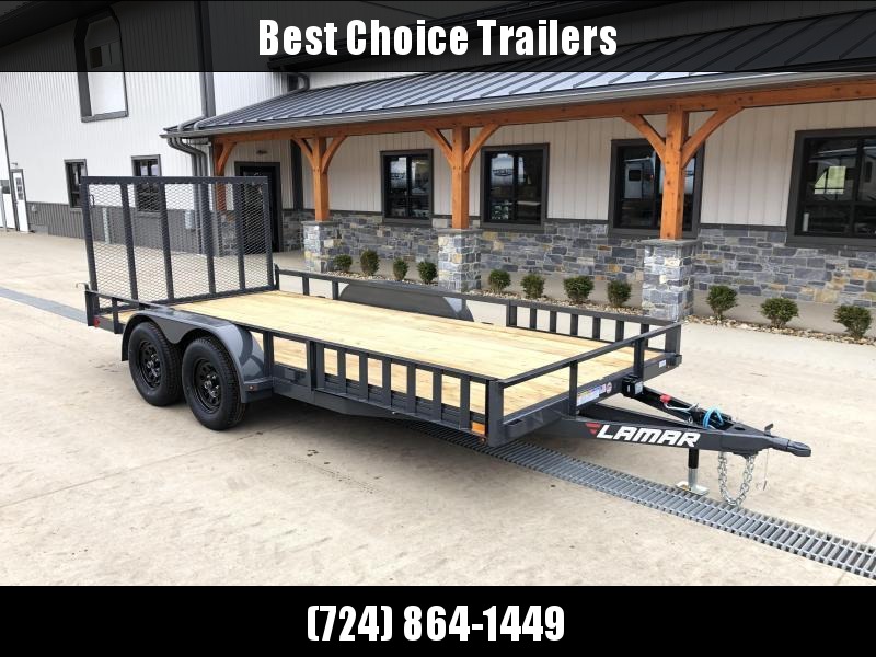 2021 Lamar 7x18' ATV Utility Trailer 7000# GVW * CHANNEL FRAME * ATV SIDE RAMPS * CHARCOAL * DROP LEG JACK * ADJUSTABLE COUPLER * PIPE TOP RAIL * 2x2" TUBE GATE W/ SPRING ASSIST * COLD WEATHER HARNESS * 4" CHANNEL TONGUE * STAKE POCKETS * TEARDROP FENDERS 2021 Lamar 7x18' ATV Utility Trailer 7000# GVW * CHANNEL FRAME * ATV SIDE RAMPS * CHARCOAL * DROP LEG JACK * ADJUSTABLE COUPLER * PIPE TOP RAIL * 2x2" TUBE GATE W/ SPRING ASSIST * COLD WEATHER HARNESS * 4" CHANNEL TONGUE * STAKE POCKETS * TEARDROP FENDERS
