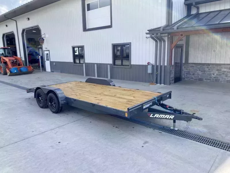 2026 Lamar 7x18 7000# Wood Deck Car Hauler Trailer * CHARCOAL * REMOVABLE FENDERS * EXTRA STAKE POCKETS * 5" CHANNEL FRAME * COLD WEATHER HARNESS * REAR RAMPS 