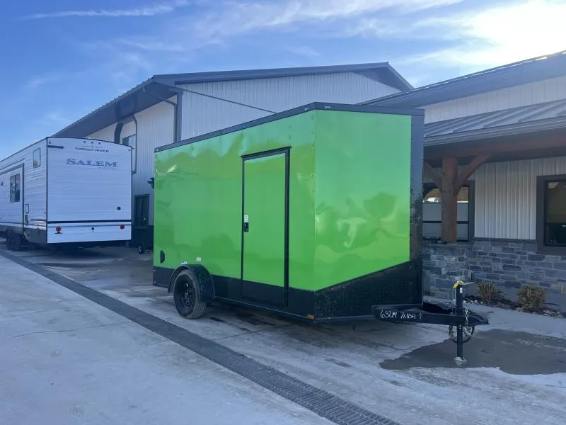 2025 Quality 7x12' Single Axle Enclosed Cargo Trailer 2990# GVW * 4" FRAME * 7' HEIGHT * BLACKOUT PKG * D-RINGS * ELECTRIC GREEN EXTERIOR * RAMP DOOR * PLYWOOD WALLS & FLOORS * TUBE WALL AND CEILING STUDS * 16" O.C. WALL AND FLOOR * RV DOOR * V-NOSE