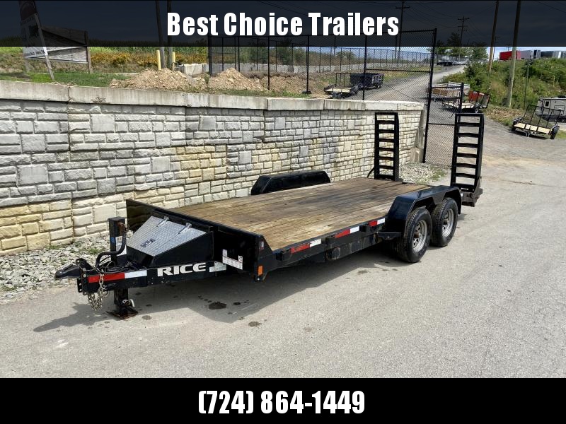 USED 2017 Rice 7x18' Equipment Trailer 9900# GVW * STAND UP RAMPS * D-RINGS/STAKE POCKETS * TOOLBOX * ADJUSTABLE COUPLER * 12K DROP LEG JACK * 6" CHANNEL TONGUE & FRAME USED 2017 Rice 7x18' Equipment Trailer 9900# GVW * STAND UP RAMPS * D-RINGS/STAKE POCKETS * TOOLBOX * ADJUSTABLE COUPLER * 12K DROP LEG JACK * 6" CHANNEL TONGUE & FRAME