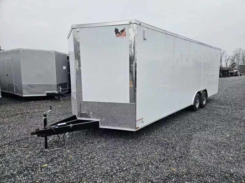 2026 Quality 8.5x24' Enclosed Car Hauler Trailer 9990# GVW * WHITE .080 POLYCOR EXTERIOR * 7' HEIGHT * SEMI-SCREWLESS * HD RAMP DOOR * PLYWOOD WALLS & FLOORS * TUBE WALL AND CEILING STUDS * LED LIGHTS * 16" O.C. WALL AND FLOORS * RV DOOR * V-NOSE