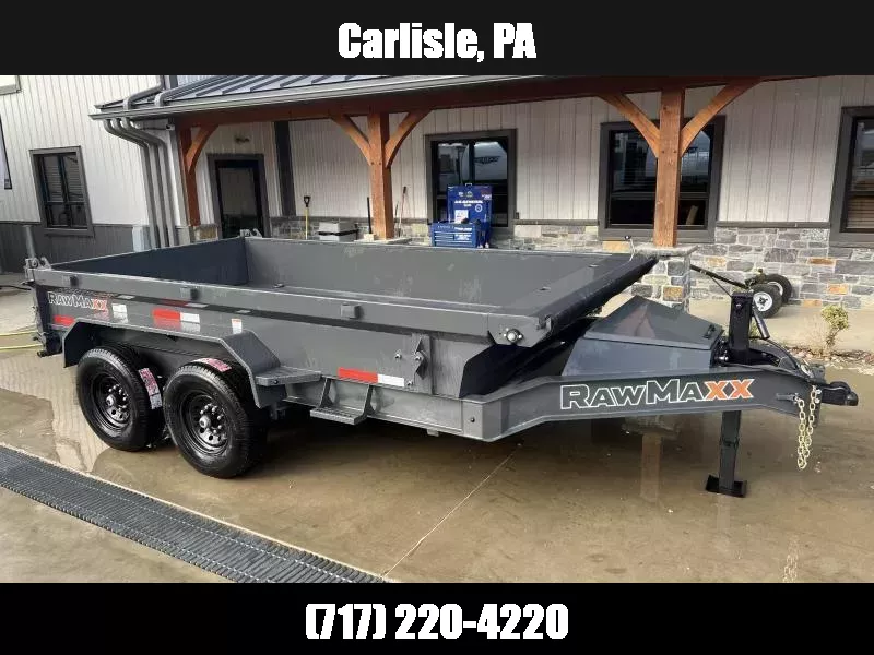 2026 RawMaxx 7x14' Hydraulic Dump Trailer 14000# GVW * 8" I-BEAM FRAME * SCISSOR HOIST * 3-WAY COMBO GATE * UNDERMOUNT RAMPS * ADJUSTABLE COUPLER * 12K JACK * 110V CHARGER * HD TOP RAIL 1758338497