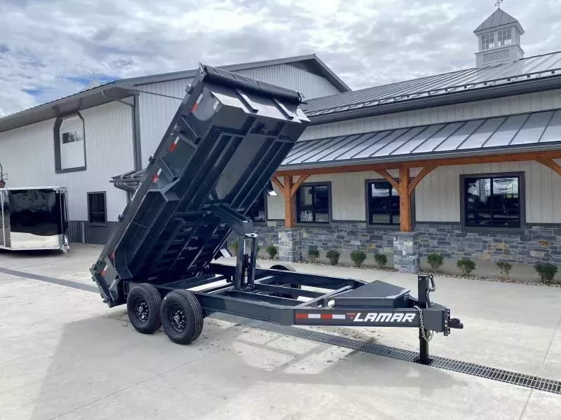 2026 Lamar 7x14' Dump Trailer 14000# GVW * 7GA FLOOR * TARP KIT * UNDERMOUNT RAMPS * SCISSOR HOIST * 12K JACK * CHARCOAL * RIGID RAILS * HD COUPLER * NESTLED I-BEAM FRAME 28" H * COMBO GATE * 12" O.C. C/M