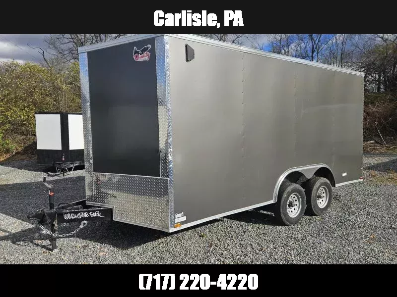 2025 Quality 8.5x16' Enclosed Car Hauler Trailer 7000# GVW * CHARCOAL * 5200# STRAIGHT AXLES * E-TRACK * 7' HEIGHT UTV * .080 POLYCOR EXTERIOR * HD RAMP DOOR * PLYWOOD WALLS & FLOORS * TUBE STUDS * LED LIGHTS * 16" O.C. WALL/FLOORS * RV DOOR * V-NOSE 1762894354