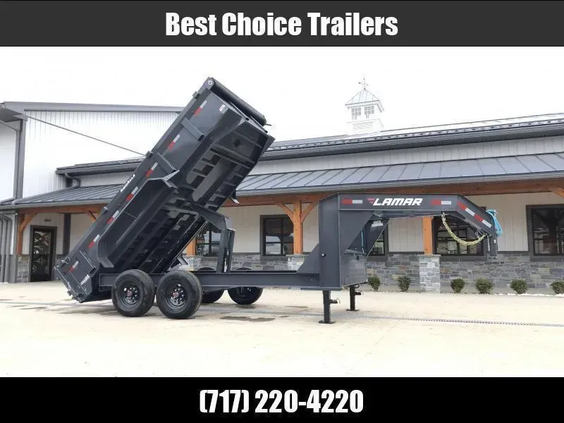 2026 Lamar 7x14' Gooseneck Dump Trailer 14000# GVW * DELUXE TARP KIT * OVERSIZE 6" SCISSOR HOIST * CHARCOAL * 12" O.C. CROSSMEMBERS * DUAL 12K JACKS * 7GA FLOOR * RIGID RAILS * NESTLED I-BEAM FRAME 28" H * COMBO GATE * UNDERMOUNT RAMPS
