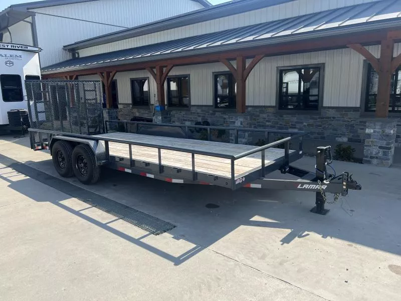 USED 2024 Lamar 7x20' Utility Landscape Trailer 9990# GVW * 5' HD RAMP W/ SPRING ASST * 16" 10-PLY TIRES * 12K JACK * 2' DOVETAIL * PIPE TOP * CHARCOAL * 12K JACK * 5" CHANNEL TONGUE/FRAME * CHANNEL C/M * ADJUSTABLE COUPLER