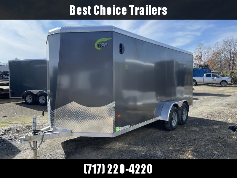 2023 NEO 7x16' NAVR Aluminum Enclosed Cargo Trailer * ROUND TOP * 7' HEIGHT - UTV PKG * CHARCOAL * SIDE VENTS * ALUMINUM WHEELS * 16" O.C. WALLS/CEILING * RAMP DOOR * SCREWLESS 2023 NEO 7x16' NAVR Aluminum Enclosed Cargo Trailer * ROUND TOP * 7' HEIGHT - UTV PKG * CHARCOAL * SIDE VENTS * ALUMINUM WHEELS * 16" O.C. WALLS/CEILING * RAMP DOOR * SCREWLESS