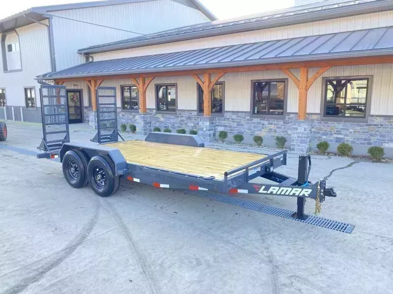 2026 Lamar 7x18' Equipment Trailer 14000# GVW * DELUXE OVERWIDTH RAMPS W/ HEAVY MESH * CHARCOAL POWDERCOAT * RUBRAIL/STAKE POCKETS/PIPE SPOOLS/D-RINGS * REM FENDERS * 12K JACK * CAST COUPLER * SPRING ASSIST * COLD WEATHER HARNESS