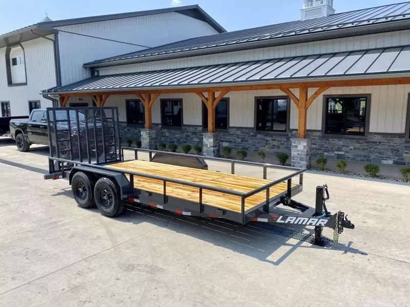 2026 Lamar 7x18' Utility Landscape Trailer 9990# GVW * 5' HD RAMP W/ SPRING ASST * 16" 10-PLY TIRES * 12K JACK * 2' DOVETAIL * PIPE TOP * CHARCOAL * 12K JACK * 5" CHANNEL TONGUE/FRAME * CHANNEL C/M * ADJUSTABLE COUPLER