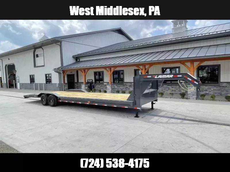 2025 Lamar 102x32' Gooseneck Car Hauler Trailer 14000# GVW * 102" DECK * DRIVE OVER FENDERS * OVERLENGTH 7' SLIDE IN RAMPS * 4' DOVETAIL * RUBRAIL * SWIVEL JACKS * UNDER FRAME BRIDGE * DUAL JACKS * FULL TOOLBOX * CHARCOAL W/ BLACK WHEELS 1750183939