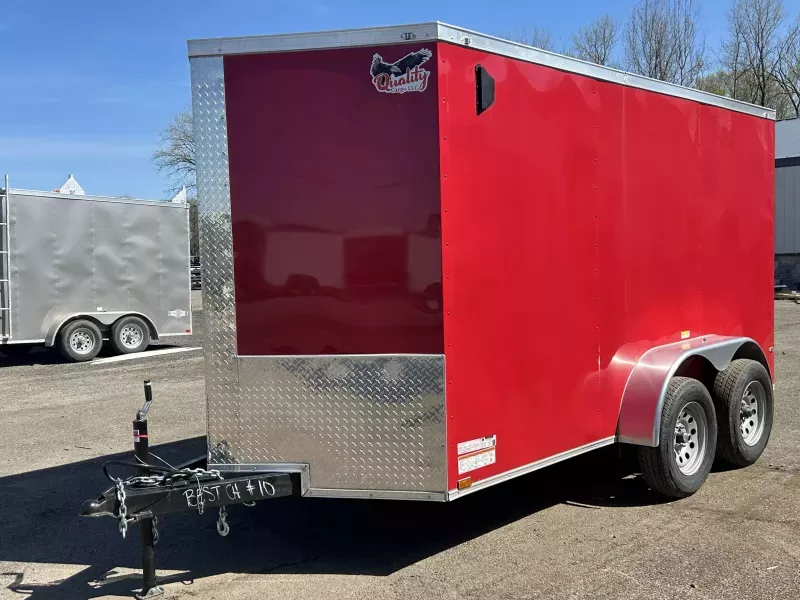 2026 Quality 6x12' Tandem Axle Enclosed Cargo Trailer 7000# GVW * RED .080 POLYCOR EXTERIOR * SEMI-SCREWLESS * RAMP DOOR * PLYWOOD WALLS & FLOORS * TUBE WALL AND CEILING STUDS * LED LIGHTS * 16" O.C. WALL AND FLOORS * RV DOOR * V-NOSE