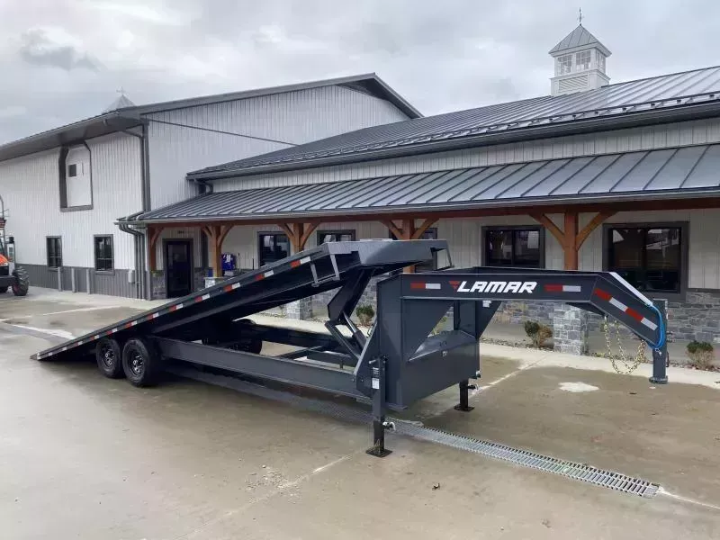 2026 Lamar 102x24' Gooseneck Deckover Power Tilt Trailer 14000# GVW * SCISSOR HOIST UPGRADE * SPARE TIRE * FRONT & SIDE TOOLBOX * CHARCOAL POWDERCOAT * 10" I-BEAM FRAME+NECK * 6" CHANNEL BED RUNNER * WINCH PLATE * DUAL JACKS