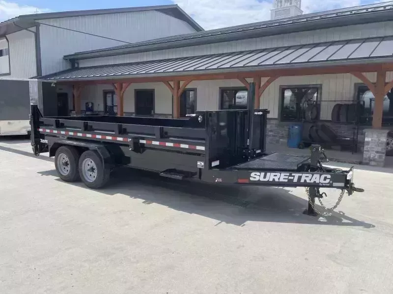 2026 Sure-Trac 7x16' Pro Series I-Beam Dump Trailer 17600# GVW * 8000# AXLES * 17.5" RUBBER * TELESCOPIC HOIST * FRONT/REAR BULKHEAD * OVERSIZE TOOLBOX * INTEGRATED KEYWAY * HD 4-BOLT COUPLER * 110V CHARGER * UNDERMOUNT RAMPS * 12K 2-SPEED JACK