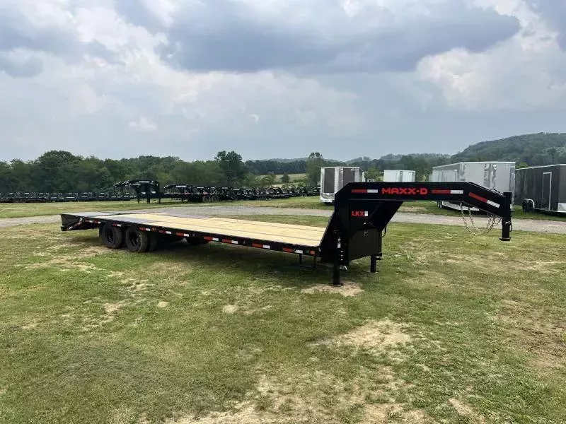 2026 MAXXD 102x25' LKX Gooseneck Flatbed Trailer 22500# GVW * 12"/19# PIERCED I-BEAM FRAME * WINCH PLATE IN NECK * WET BLACK + PRIMER * I-BEAM CROSSMEMBERS * 6" SIDE RAIL * DUAL 12K JACKS * TORQUE TUBE