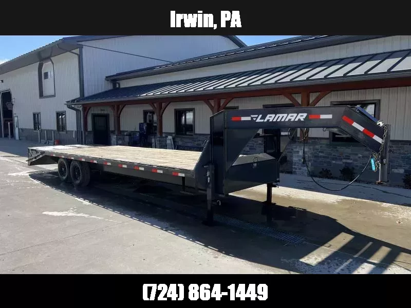 USED Lamar 102X26' Gooseneck Deckover Trailer 14000# GVW 12" I BEAM * FULL WIDTH RAMPS * FRONT TOOLBOX * DUAL JACKS * RUBRAIL/STAKE POCKETS/PIPE SPOOLS * SPARE TIRE * CHARCOAL 1762447700
