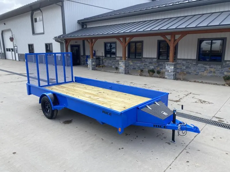 2026 Rice Trailers 76"x12' Steel High Side Landscape Utility Trailer 2990# GVW * BLUE * TRIPLE TUBE TONGUE * 2" BALL COUPLER * TOOLBOX * 2x2" TUBE GATE W/SPRING ASSIST * 6 D-RING TIE DOWNS * 15" RADIALS * BULLET LEDS * POWDERCOAT