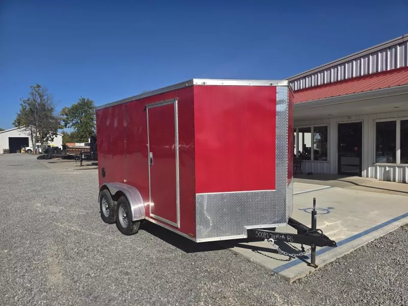 2025 Quality 7x12' Single Axle Enclosed Cargo Trailer 3500# GVW * .080 POLYCOR * ORANGE EXTERIOR * RAMP DOOR * PLYWOOD WALLS & FLOORS * TUBE WALL AND CEILING STUDS * LED LIGHTS * 16" O.C. WALL AND FLOORS * RV DOOR * V-NOSE *