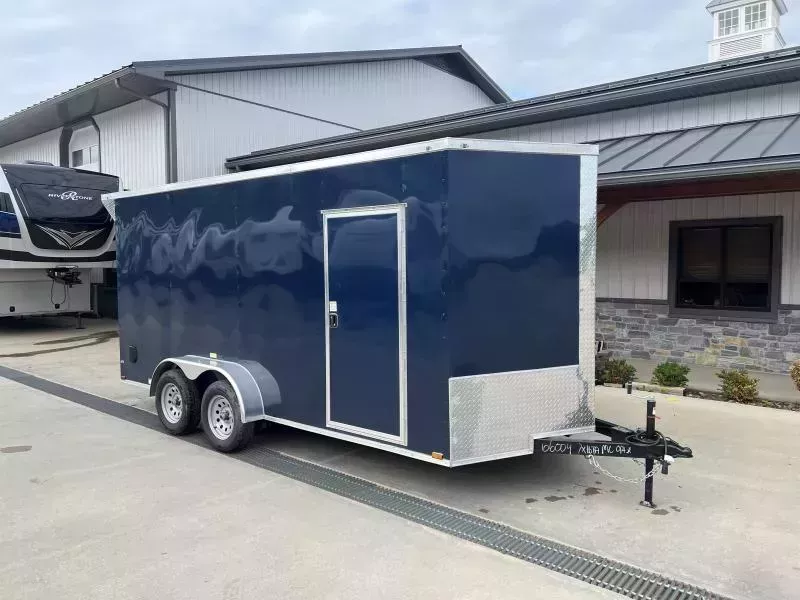 2025 Quality 7x16' Tandem Axle Enclosed Cargo Trailer 7000# GVW * BLACKOUT * 7' HEIGHT * REAR SPOILER * BLUE EXTERIOR * RAMP DOOR * PLYWOOD WALLS & FLOORS * TUBE WALL AND CEILING STUDS * LED LIGHTS * 16" O.C. WALL AND FLOORS * RV DOOR * V-NOSE